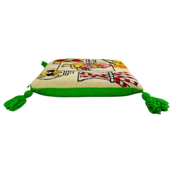 Vintage Needlepoint Throw Pillow Candy Jars Girl Tassels Sweets Kitschy 12" READ - Picture 7 of 16